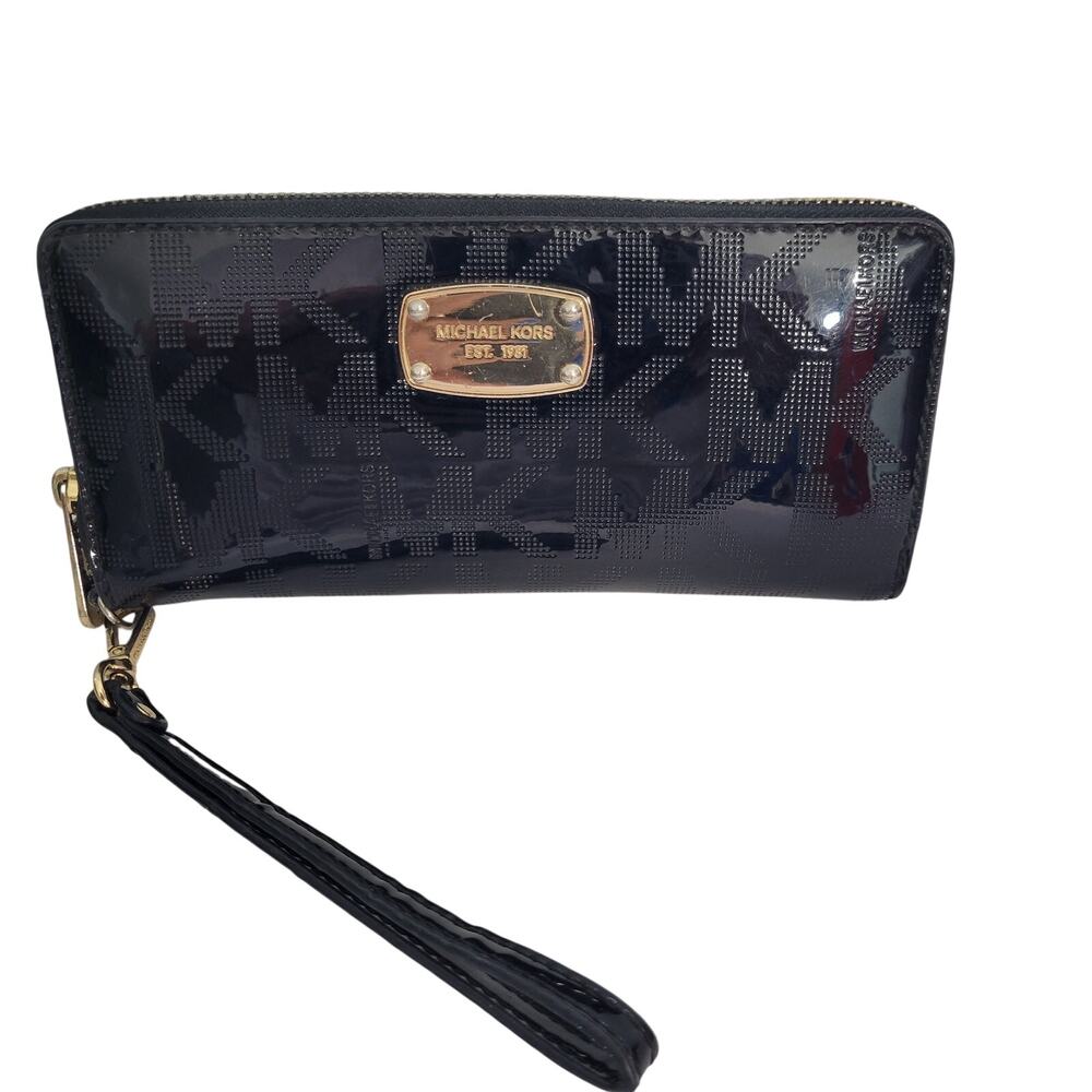 Michael Kors Shiny Patent Leather Monogram Continental Zip Around Wallet 61926